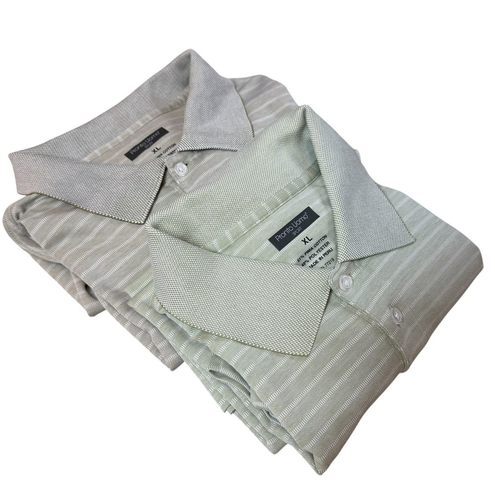 Pronto Uomo Sport XL Polo Shirts Pima Cotton Stripe Sage Green Tan Set of 2